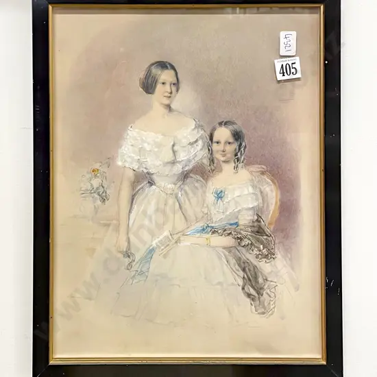 Early Vict Watercolour Study of Two Young Girls