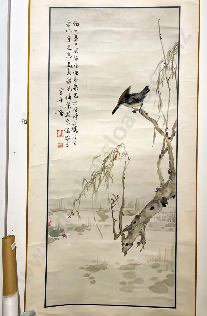 Traditional Chinese Scroll Painted with Kingfisher & Other Landscape (2) Image 1++