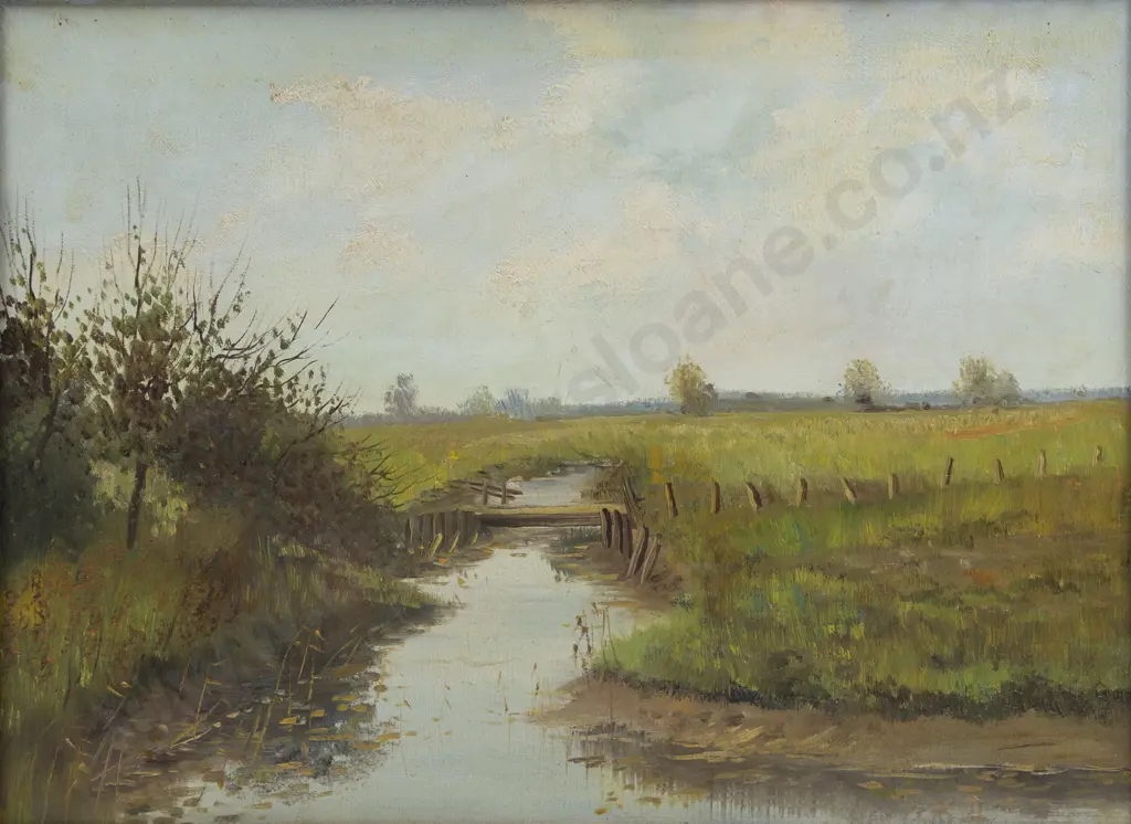 Early C20th Oil on Canvas English Meadow & River Scene Image 1++