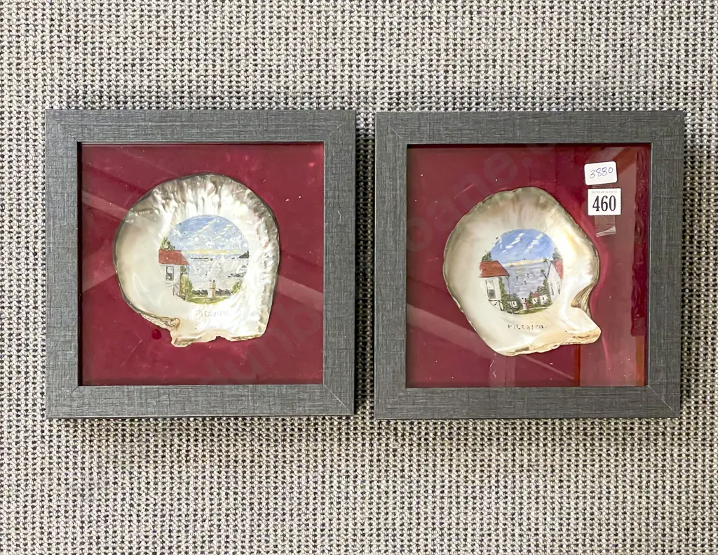 Pair Framed Oyster Shells Vintage Pitcairn Island Souvenirs Image 1++