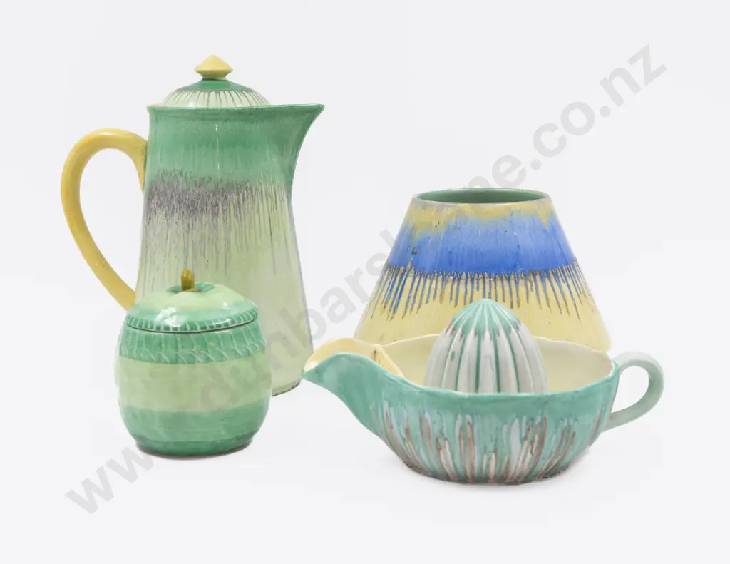 Shelley Dripware Coffee Pot with Citrus Juicer & Two Others chip to glaze on juicer and to glaze on sugar pot lid Image 1++