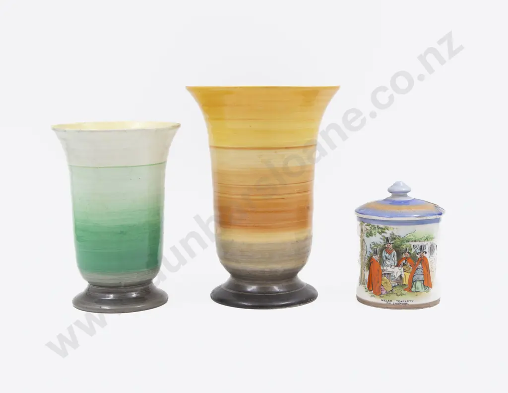 Two Shelley Tulip Vases with Sugar Pot Image 1++