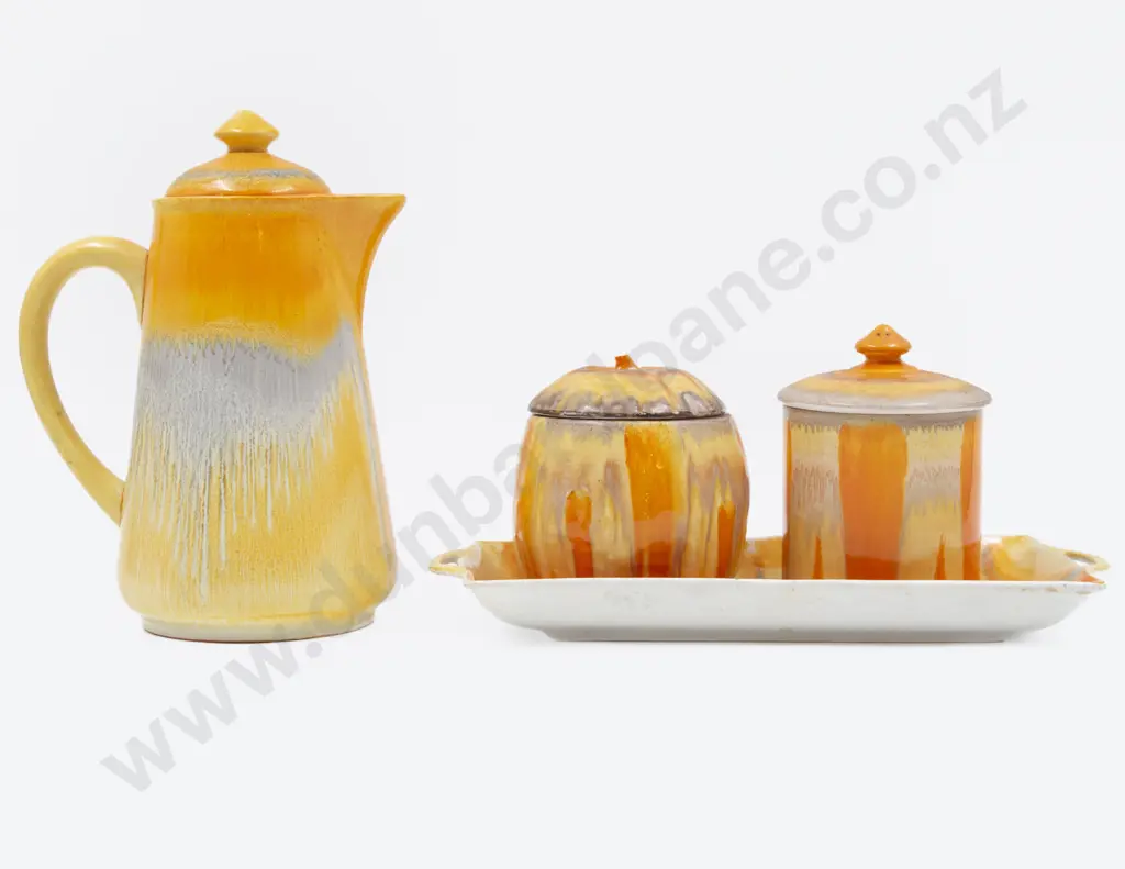 Shelley Lidded Coffee Pot with Two Sugar Jars & Other top of sugar jar lid broken chip to glaze on plate Image 1++