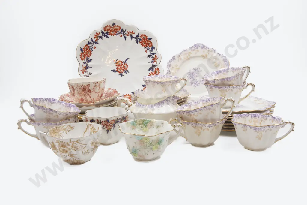 Twelve Early Shelley Fancy Cup Saucer Plates with Jug Image 1++