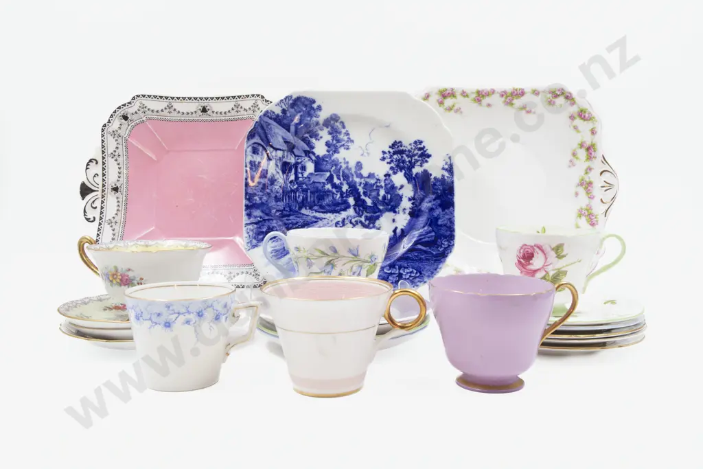Six Shelley Fancy Cup Saucer Plates with Three Cake Plate Image 1++