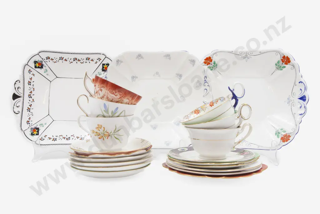 Six Shelley Fancy Cup Saucer Plates with Three Cake Plates Image 1++