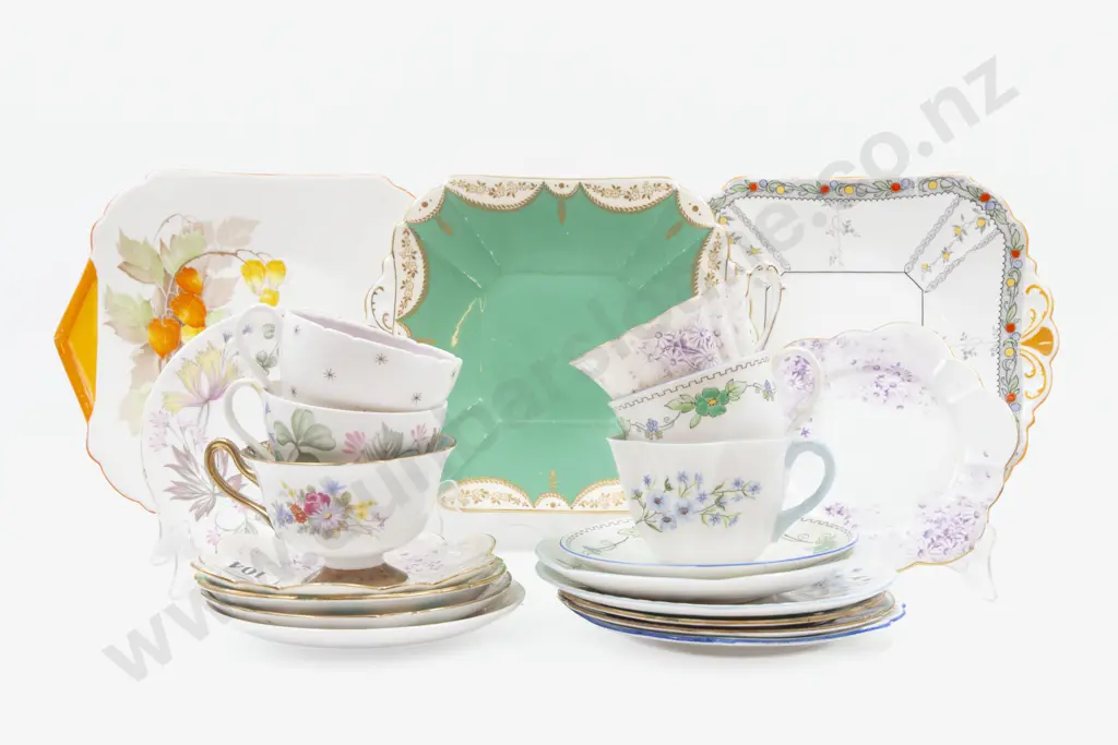 Six Shelley Fancy Cup Plate Saucers with Three Cake Plates Image 1++