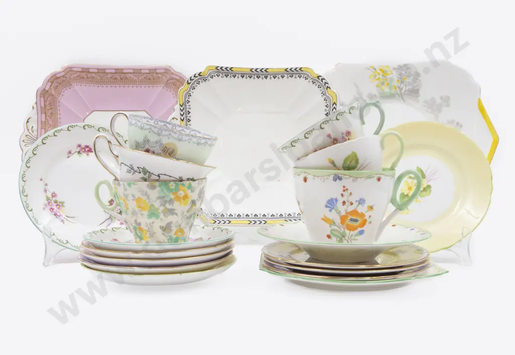 Six Shelley Fancy Cup Saucer Plates with Three Cake Plate Image 1++