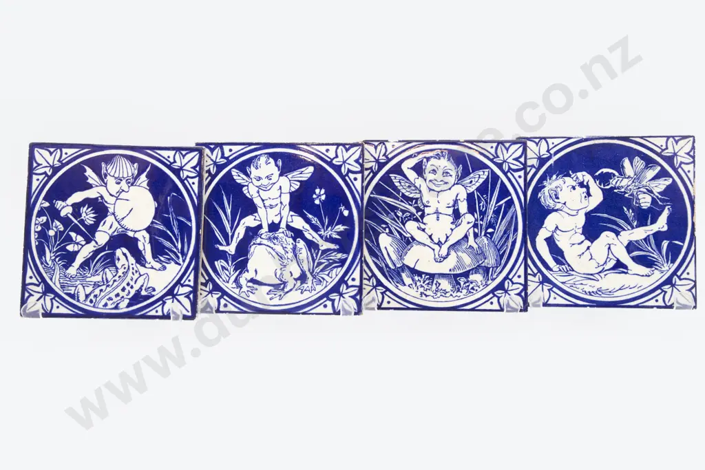 Late Victorian Four Minton Blue and White Tiles Image 1++