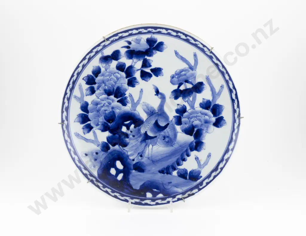 Large Japanese Blue & White Bird & Blossom Plate Image 1++