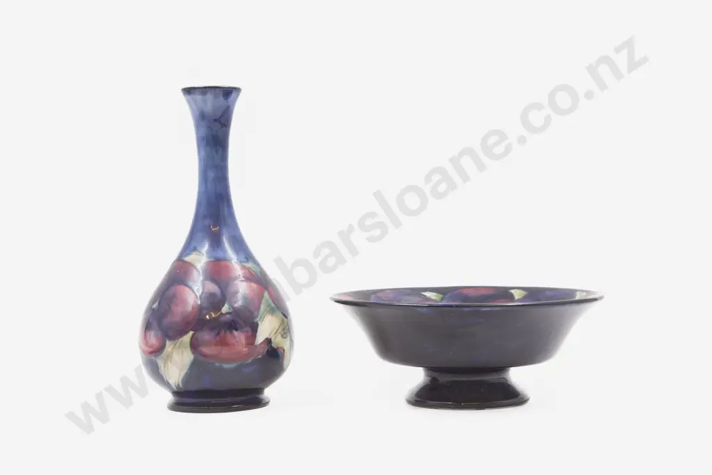 Moorcroft Pansy Pattern Bottle Vase & Footed Dish (a/f) Image 1++