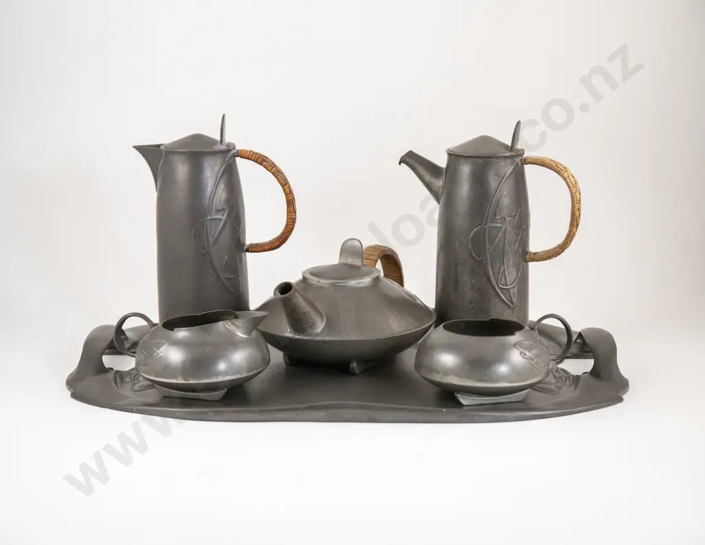 Archibald Knox Designed "Tudric" Pewter For Liberty & Co 6 Piece Tea & Coffee Set Image 1++