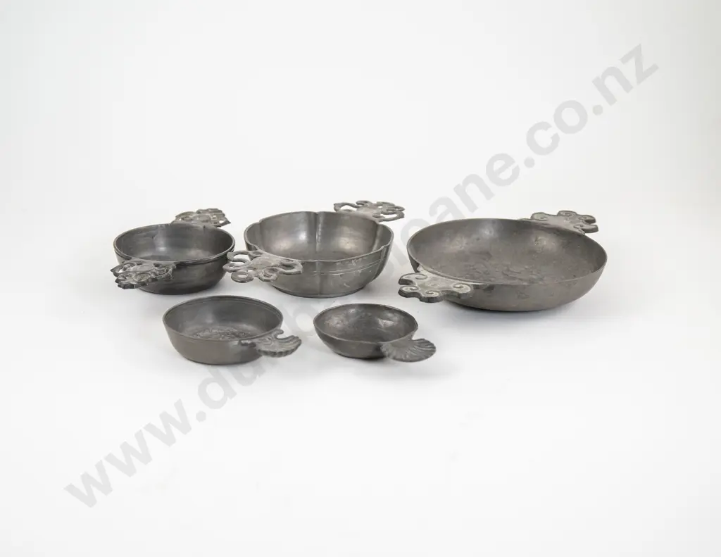 Five Various Antique Pewter Wine Tasters Image 1++