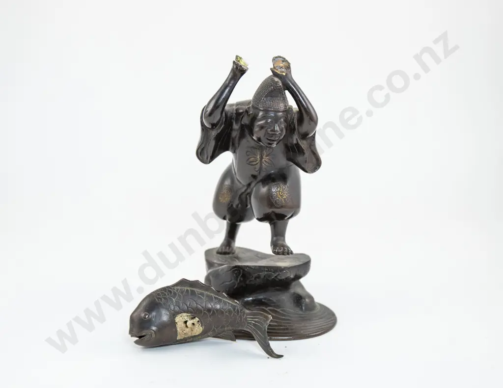 Japanese Bronze Figure Of A Man & Large Carp Image 1++