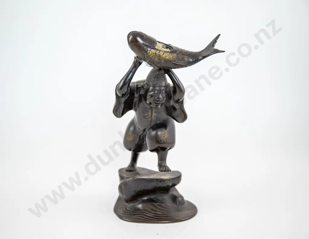 Japanese Bronze Figure Of A Man & Large Carp Image 1++