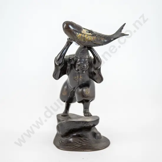 Japanese Bronze Figure Of A Man & Large Carp