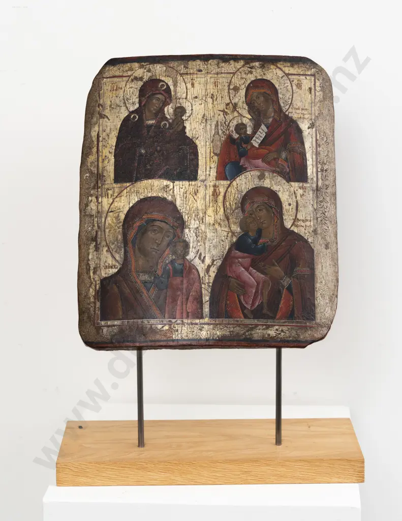 Antique Russian Icon With Four Images Of The Madonna & Child Image 1++