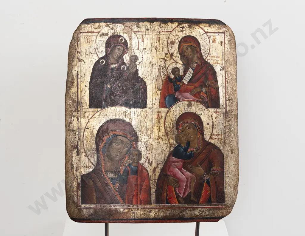 Antique Russian Icon With Four Images Of The Madonna & Child Image 1++