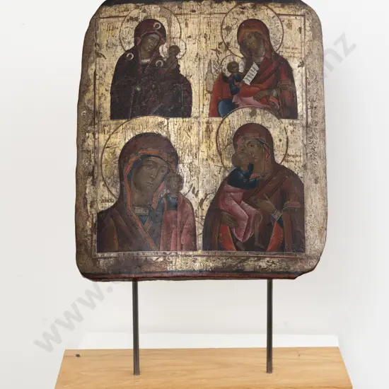Antique Russian Icon With Four Images Of The Madonna & Child