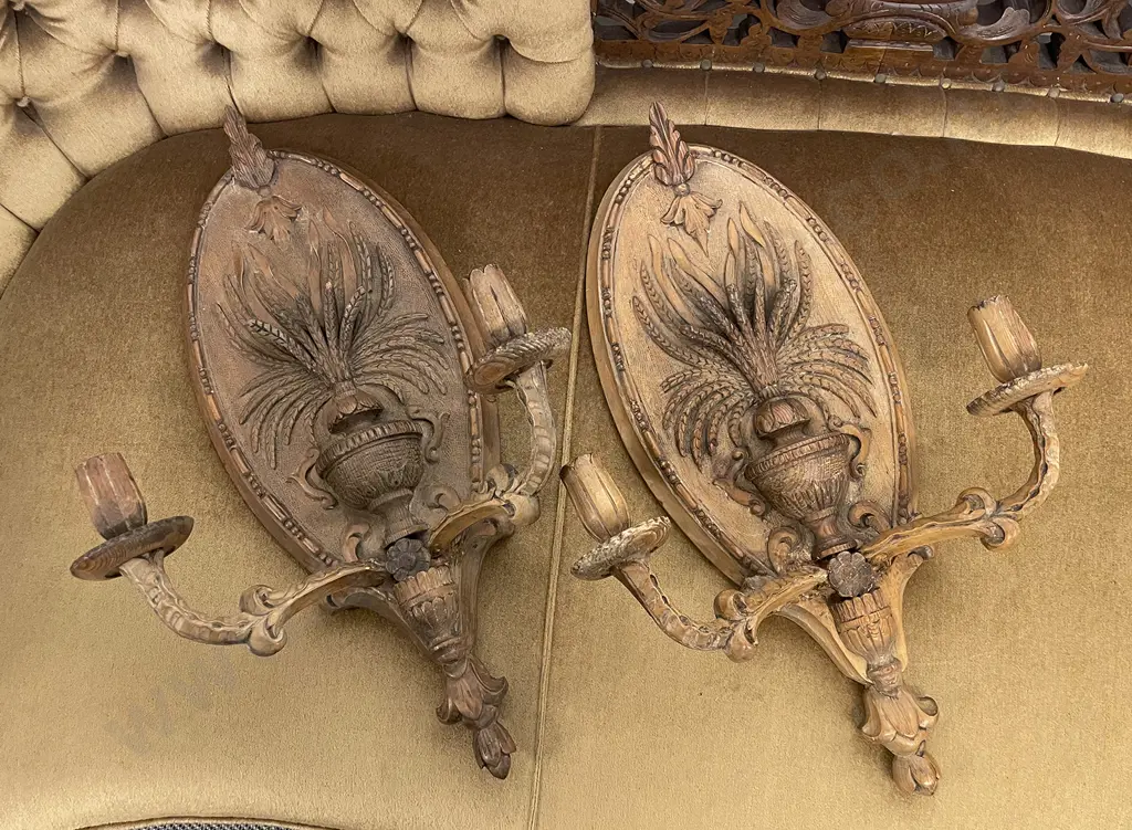 Pair C19th French Fruitwood Carved Oval 2 Branch Candle Sconces Image 1++