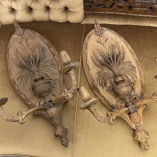 Pair C19th French Fruitwood Carved Oval 2 Branch Candle Sconces