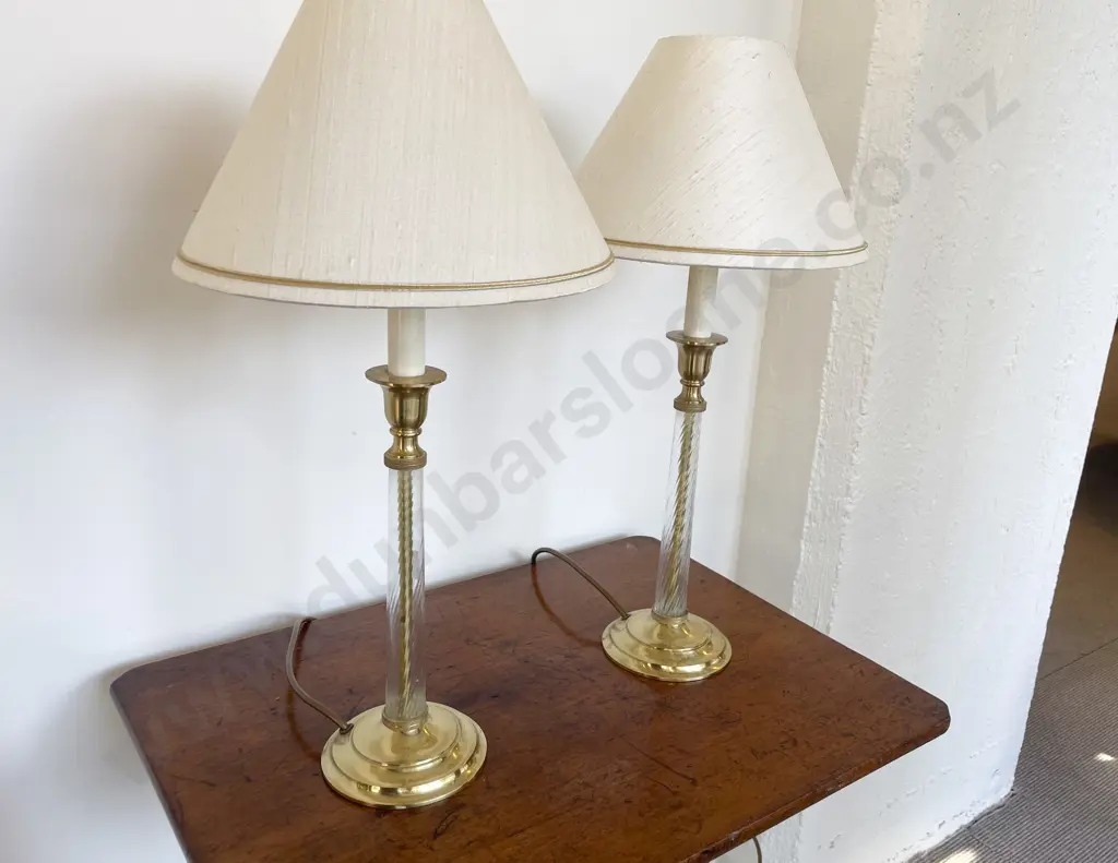 Pair Of Brass & Spiral Tapering Glass Table Lamps & Shades Image 1++