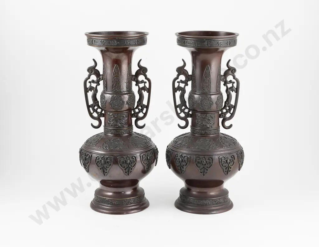 Pair Late C19th Chinese Gu Shape Bronze Vases Image 1++