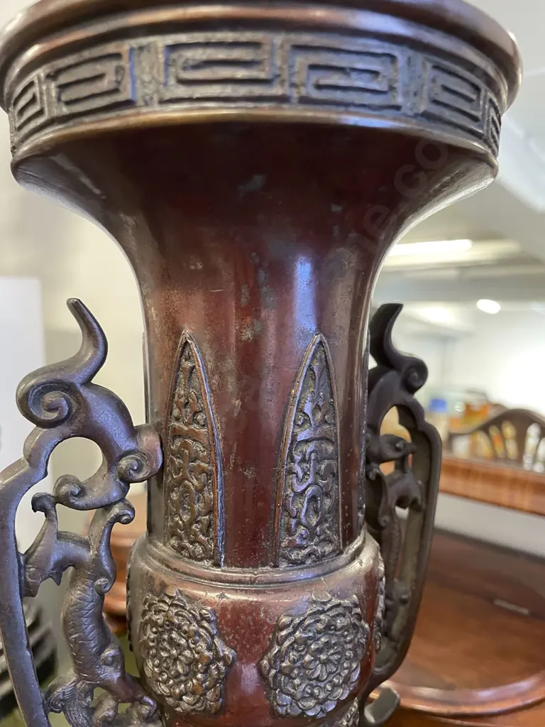 Pair Late C19th Chinese Gu Shape Bronze Vases Image 1++