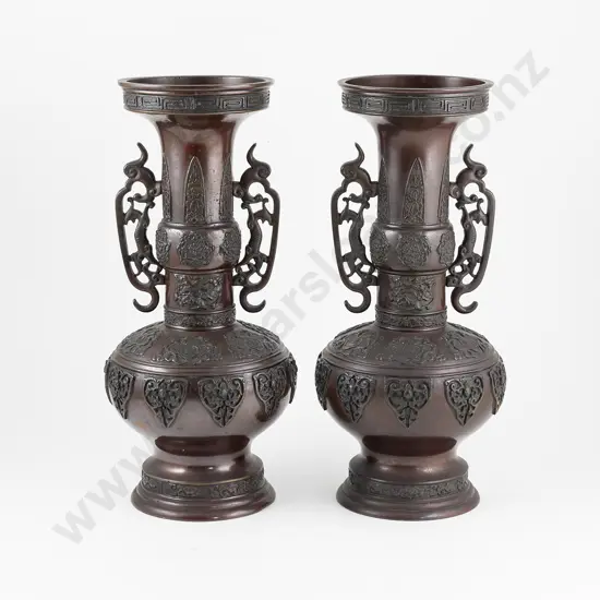 Pair Late C19th Chinese Gu Shape Bronze Vases