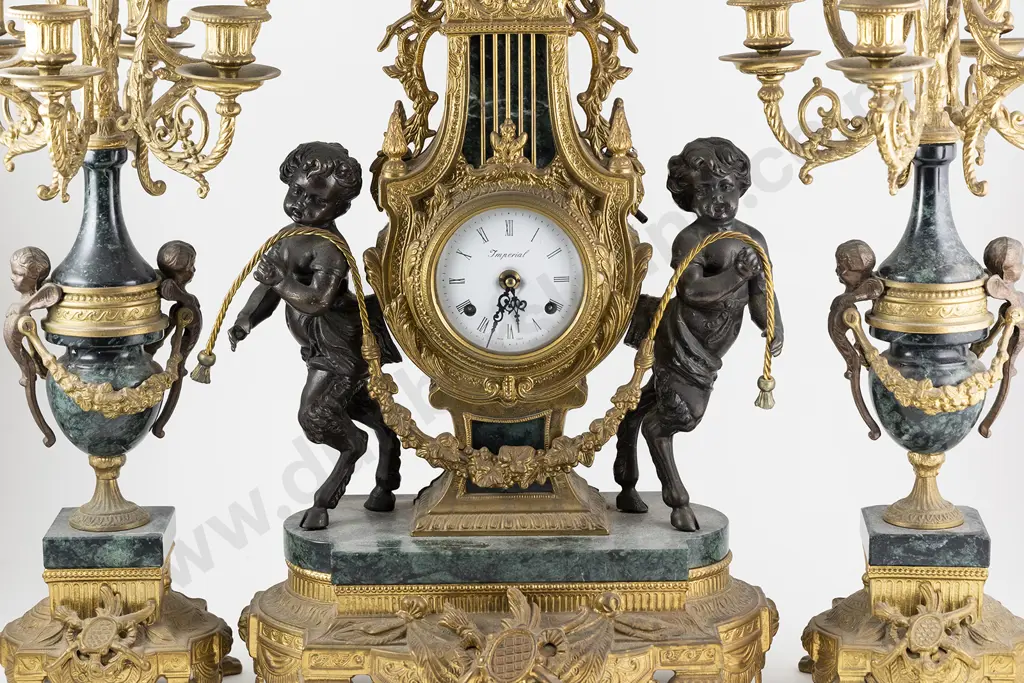 Italian Brevetatto Brass & Marble 3pce Clock Garniture Image 1++