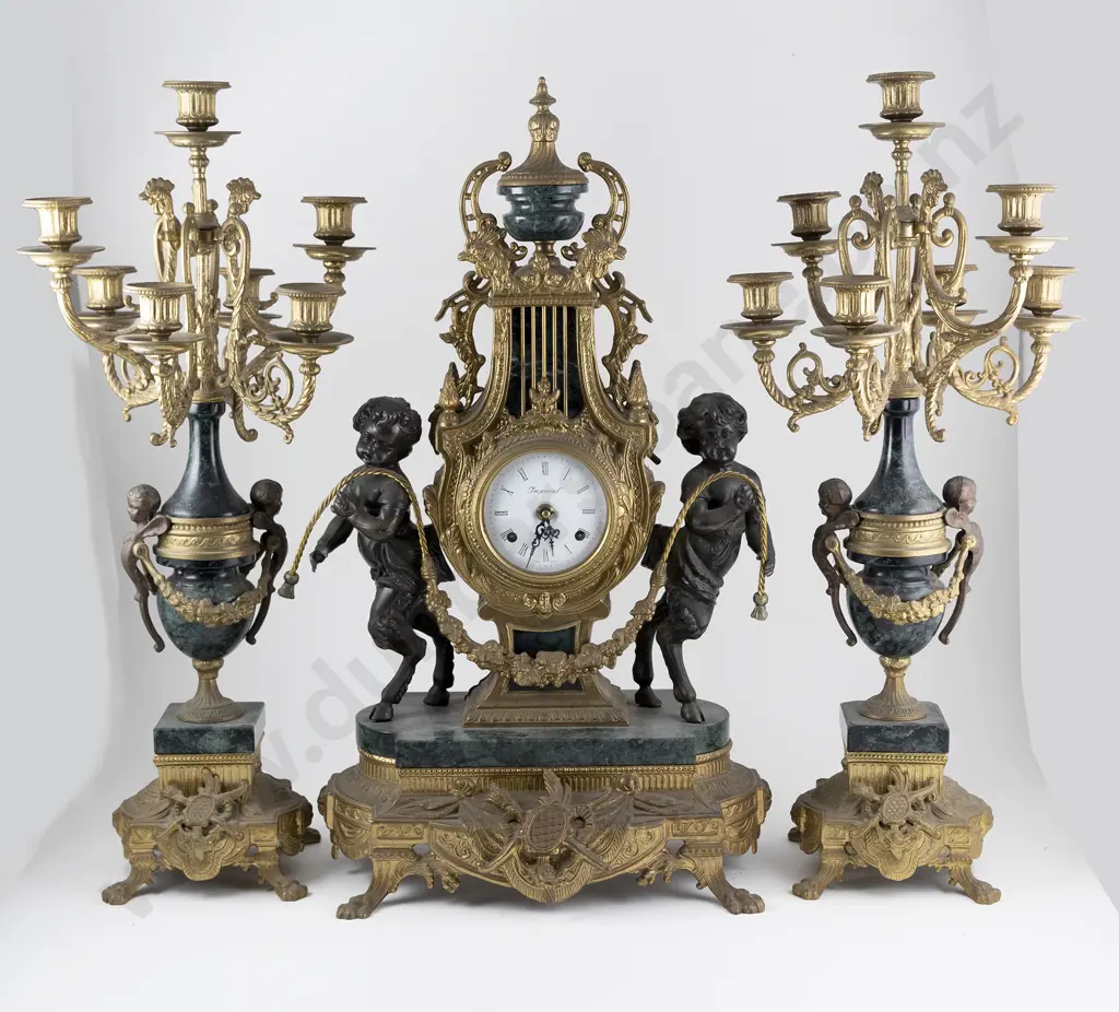 Italian Brevetatto Brass & Marble 3pce Clock Garniture Image 1++
