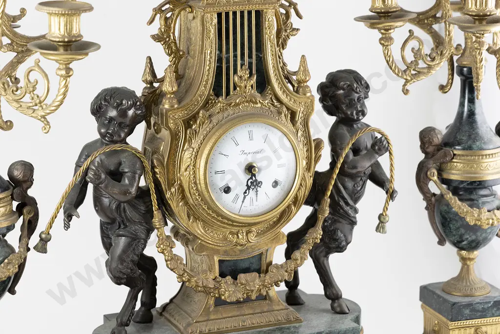 Italian Brevetatto Brass & Marble 3pce Clock Garniture Image 1++