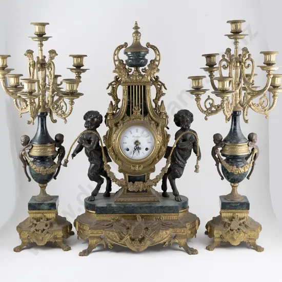 Italian Brevetatto Brass & Marble 3pce Clock Garniture