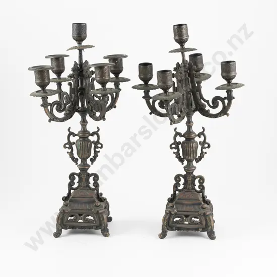 Pair Of Coppered Cast Metal Candelabra