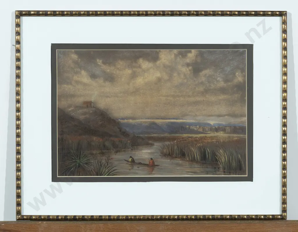 Unknown Artist - Early NZ Scene With Figures in Canoe Image 1++