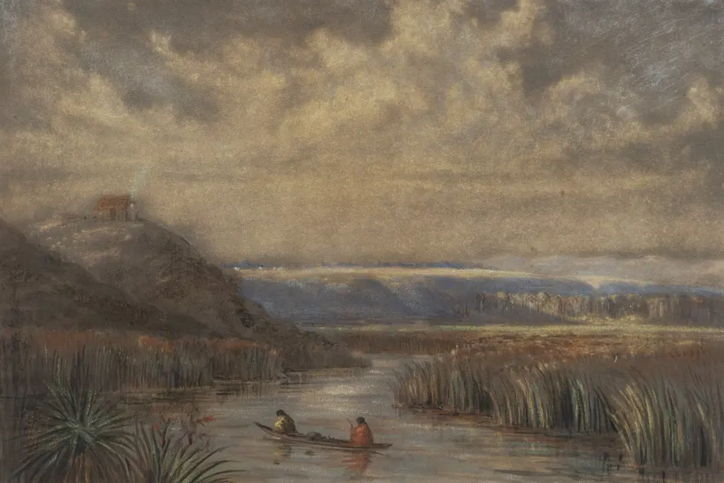 Unknown Artist - Early NZ Scene With Figures in Canoe Image 1++