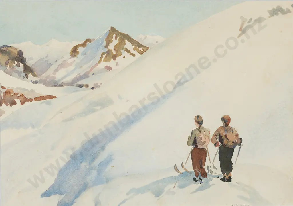 Douglas Badcock (1922 - 2009) - Mountain Scene with Skiers Image 1++
