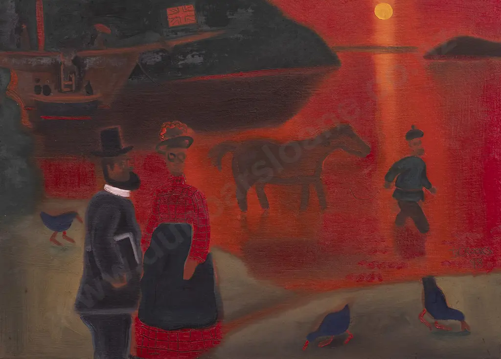 Lindsay Crooks (1957 - 2005) - Red Dawn With Horse Image 1++