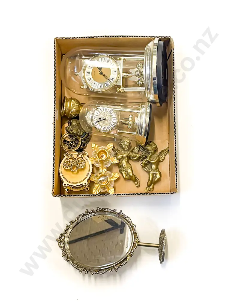 Box of Assorted Decorative Items incl Two Dome Cased Clocks Image 1++