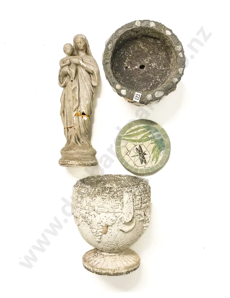 Two Concrete Garden Vases together with Figure and Other Image 1++