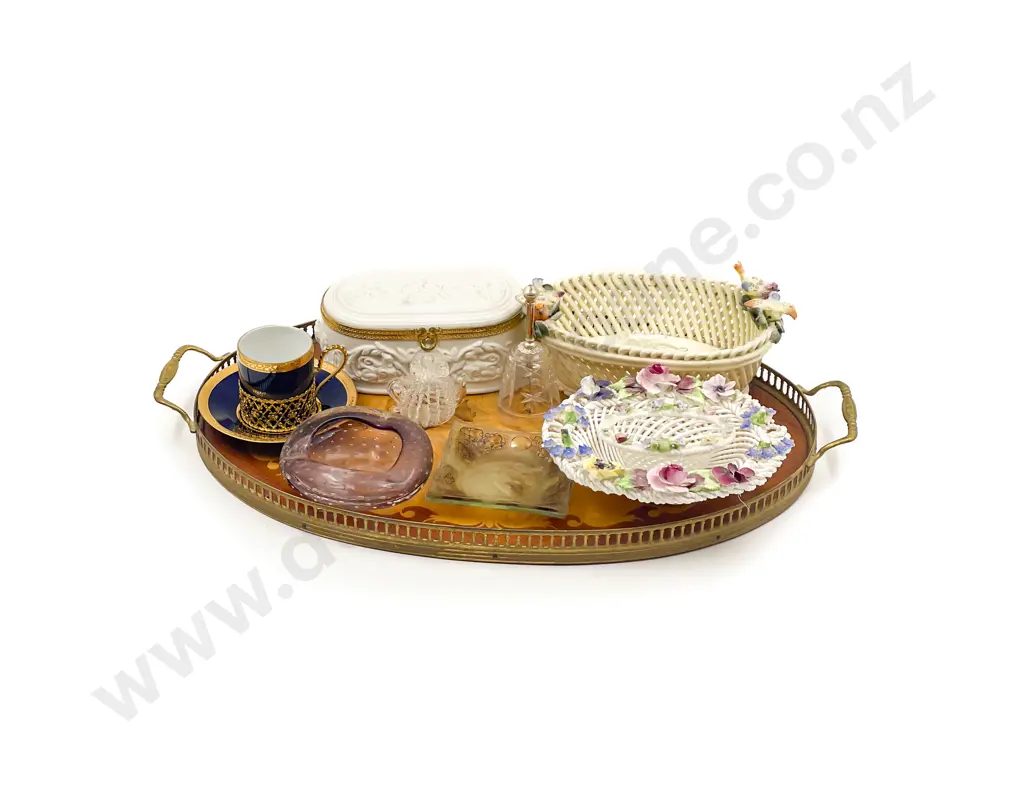 Qty of Assorted Fancy China and Art Glass on Double Handled Tray Image 1++