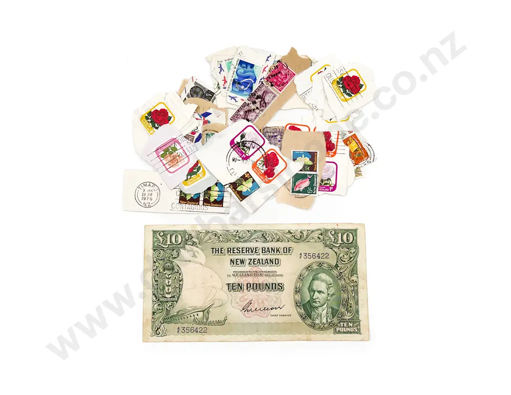 NZ Ten Pound Note and Small Qty of Stamps Image 1++