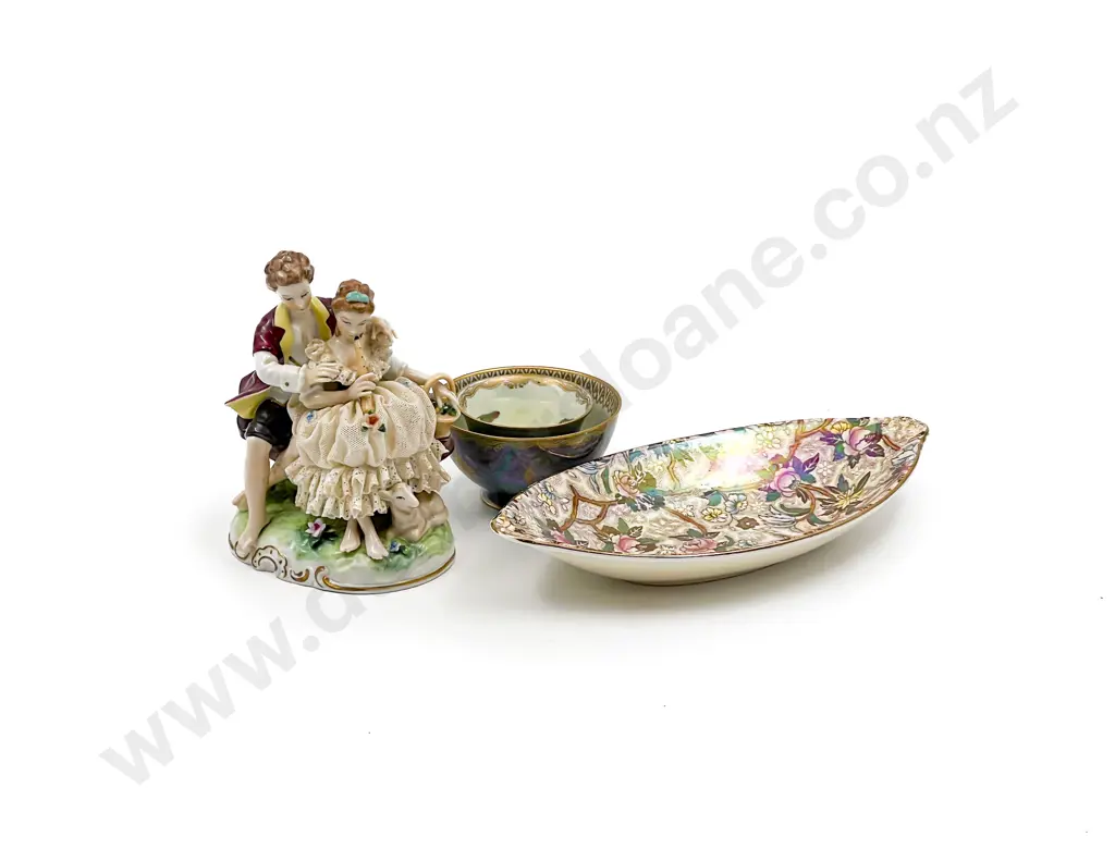 Three Pieces Fancy China including Wedgwood and Dresden Figure Group Image 1++