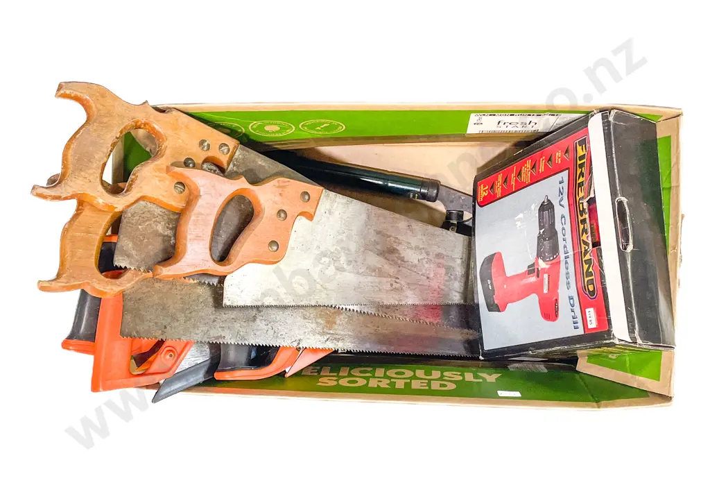 Box Assorted Tools Including Saws & Drill Image 1++
