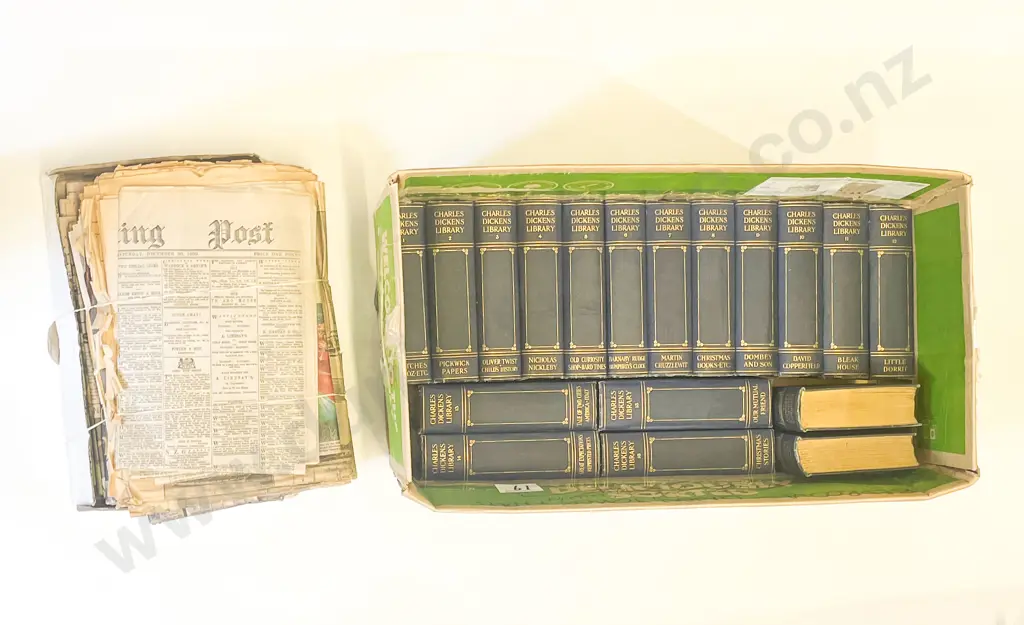 18 Vols Charles Dickens Library together with quantity of Vintage Newspapers Image 1++