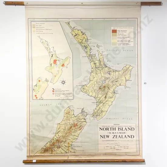 Canvas Backed Vintage Phillips School Map of North Island