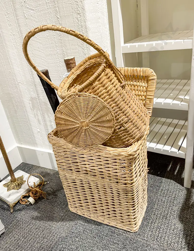 Wicker Laundry Basket with Assorted incl Vintage Badminton Rackets Image 1++