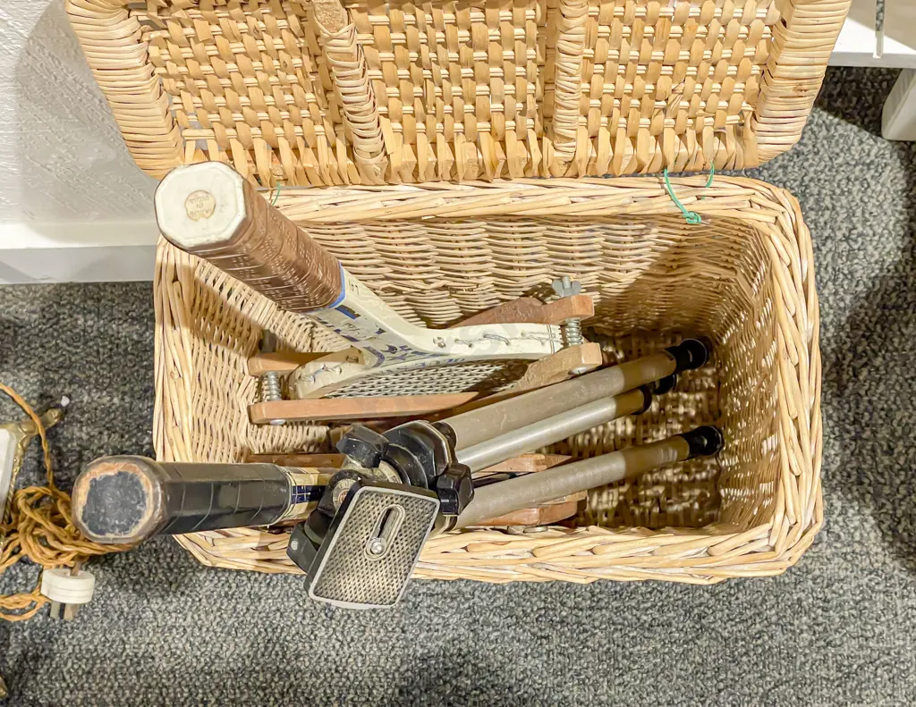 Wicker Laundry Basket with Assorted incl Vintage Badminton Rackets Image 1++