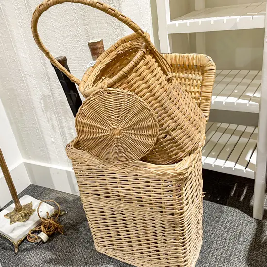 Wicker Laundry Basket with Assorted incl Vintage Badminton Rackets
