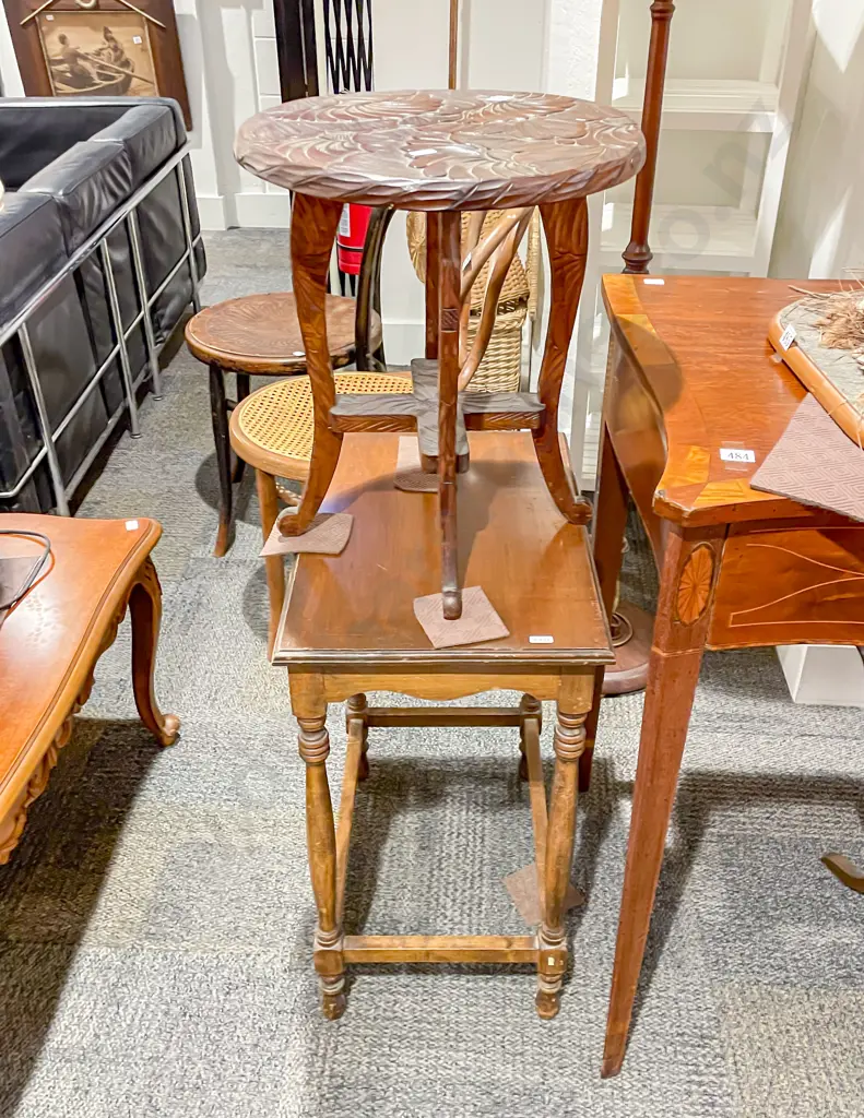 Chip Carved Floral Decorated Side Table together with Other Side Table Image 1++